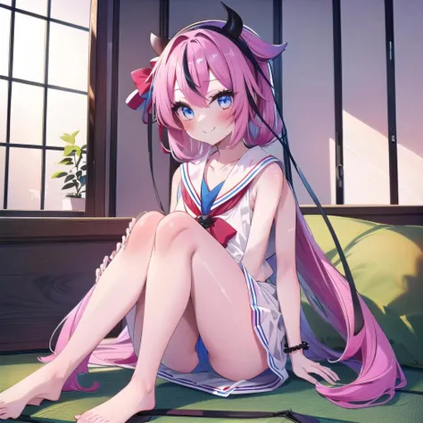 (masterpiece, best quality:1.2), girl, 1girl, (meikahime), (solo), blue eyes, twintails, pink blue multicolored very long gradient hair, hair flaps, black horn hairband, bracelet, white sailor collar, white sleeveless shirt, black buttons, red bowtie, (red hakama miniskirt:1.2), bare shoulders, smile, blush, from below, full body, indoor, japanese bedroom, futon, lap pillow invitation, <lora:MeikaHime_2:1>