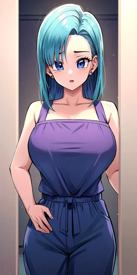 Beautiful face, blue eyes, shorts blue hair, very big tits, hard nipples , wearing tight Tiny pink dress