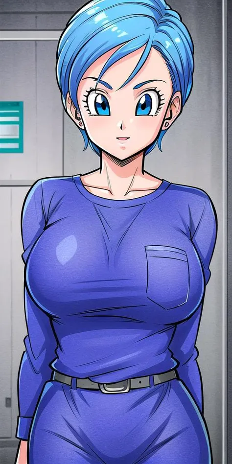 A tall woman, sexy, sensual, beautiful, sensitive, beautiful, pretty, big breast, huge, dark blue hair, disheveled haircut, mencho tip, forehead, orange eye, eyelashes, slim black, she wears a purple office shirt, shows her navel, and her blue denim pants, brown heels.