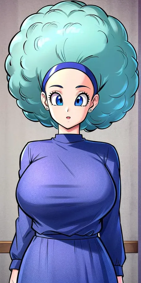 Dragon Ball, Bulma, 1girl, ((bimbo))), short blue hair, blue eyes, puffy lips, thick lips, wide hips, thick thighs, huge round fake breast, huge ass, erotic smile face, shiny skin, breasts squeezed together, pink and yellow saiyan armor, shiny oily breast, posing, hand signs
