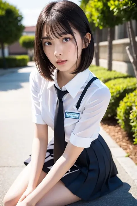 short hair,white ooarai school uniform,1girl,sexy pose,best quality,masterpiece,illustration,an extremely delicate and beautiful,CG,unity,8k wallpaper,Amazing,finely detail,masterpiece,official art,extremely detailed CG unity 8k wallpaper,incredibly absurdres,huge filesize,ultra-detailed,highres,extremely detailed,beautiful detailed girl,realistic,soft light,full frontal,daytime,outdoor,full body,<lora:morita hikaru_20230730021702:0.8>,