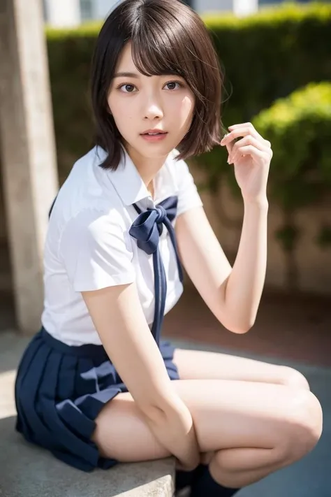 short hair,white ooarai school uniform,1girl,sexy pose,best quality,masterpiece,illustration,an extremely delicate and beautiful,CG,unity,8k wallpaper,Amazing,finely detail,masterpiece,official art,extremely detailed CG unity 8k wallpaper,incredibly absurdres,huge filesize,ultra-detailed,highres,extremely detailed,beautiful detailed girl,realistic,soft light,full frontal,daytime,outdoor,full body,<lora:morita hikaru_20230730021702:0.8>,