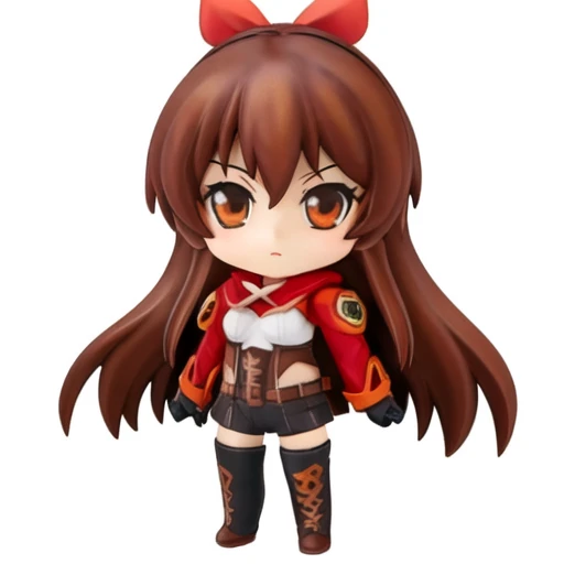 masterpiece, best quality, highres, absurdres, amber \(genshin impact\), brown eyes, brown hair, long hair, red hair ribbon, brown short shorts, leather gloves, pouch, thighhighs, white boots, medium breasts, cleavage cutout, shrug \(clothing\) <lora:nendoroidFIGURESLora_v10:0.7>, solo <lora:amberGenshinImpact_strictV1:0.8>
