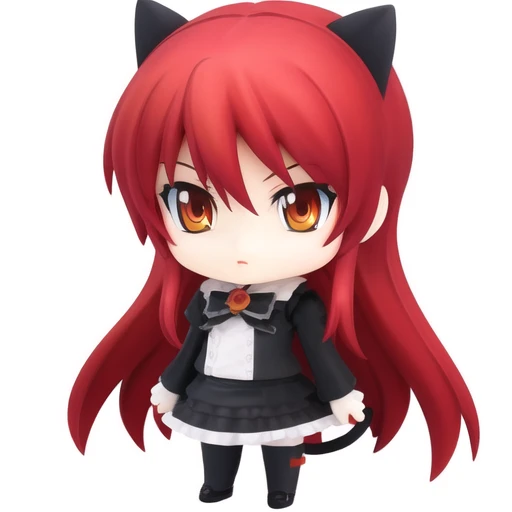 masterpiece, best quality, highres, absurdres,(goth catgirl with red hair), orange eyes, mature, <lora:nendoroidFIGURESLora_v10:0.7>, simple background, white background