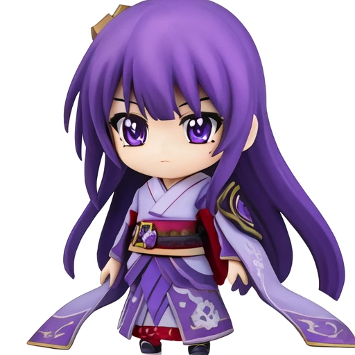 masterpiece, best quality, highres, absurdres, <lora:nendoroidFIGURESLora_v10:0.7>, <lora:raidenShogunLora_raidenShogun:1.3>, 1girl, kimono, bangs, sash, mole, obi, tassel, purple eyes, japanese clothes, long hair, looking at viewer, hair ornament, purple hair, bridal gauntlets, closed mouth, purple kimono, blue hair, mole under eye, shoulder armor, long sleeves, wide sleeves, mitsudomoe (shape), tomoe (symbol),