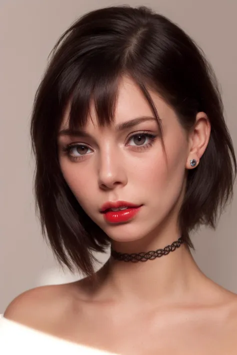 ((gorgeous french woman)) ((pale skin, embarrassed innocent blushing cheeks, red lipgloss)) <lora:black_tattoo_choker_0.2:1> choker ((gorgeous woman portrait)) ((head turned pose, slender neck)) ((short glossy black bob hair detailed)) ((beautiful large eyes)) ((detailed palephoto realistic masterpiece)) ((detailed accurate skin tones, pores, creases, folds, textures)) ((shining diamond stud earring)) ((parted lips, detailed perfect attractive white front teeth)) ((collarbones)) ((white cotton bandeau top))