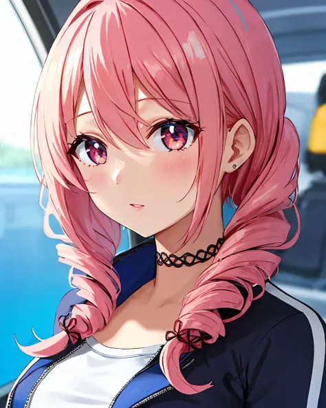 <lora:black_tattoo_choker_0.2:1>1girl, choker, light pink drill hair, hair between eyes, scrunchie in hair, scuba suit, 8k, ultra detail, masterpiece