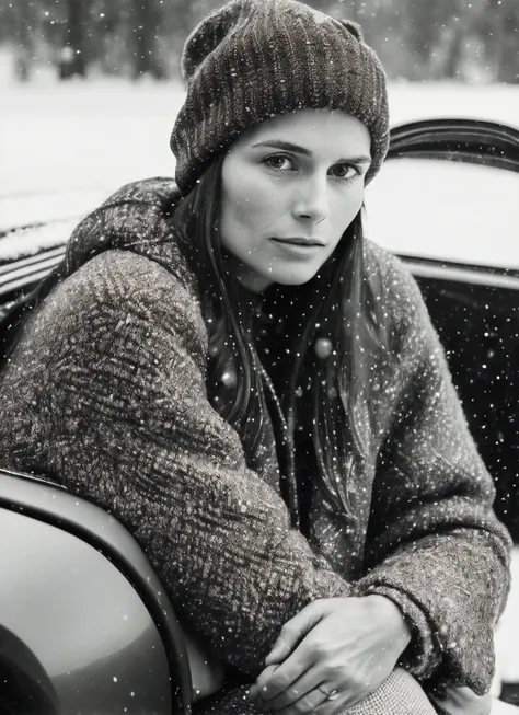 analog style, modelshoot style, RAW photo of a sks woman, sitting in outdoor car ,winter ,snowy , ((wearing cap)), (detailed face), grunge, ((visual kai)), ((full body)), (high detailed skin:1.2), 8k uhd, dslr, soft lighting, high quality, film grain, Fujifilm XT3, <lora:locon_jordana_v1_from_v1_64_32:1.3>
