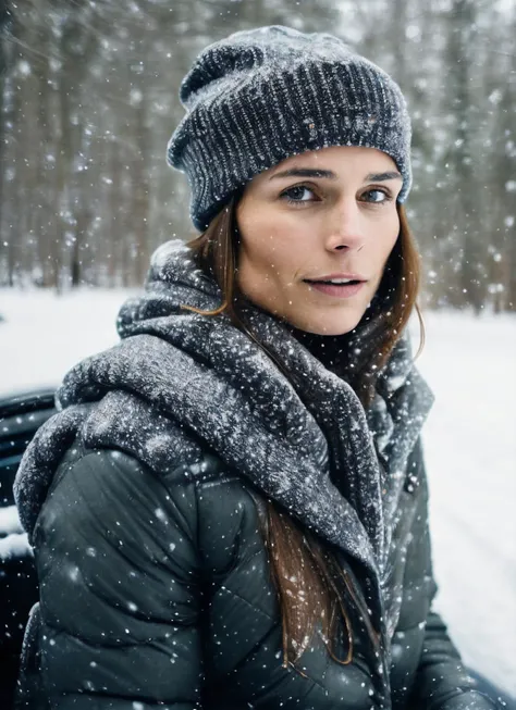 analog style, modelshoot style, RAW photo of a sks woman, sitting in outdoor car ,winter ,snowy , ((wearing cap)), (detailed face), grunge, ((visual kai)), ((full body)), (high detailed skin:1.2), 8k uhd, dslr, soft lighting, high quality, film grain, Fujifilm XT3, <lora:locon_jordana_v1_from_v1_64_32:1.3>