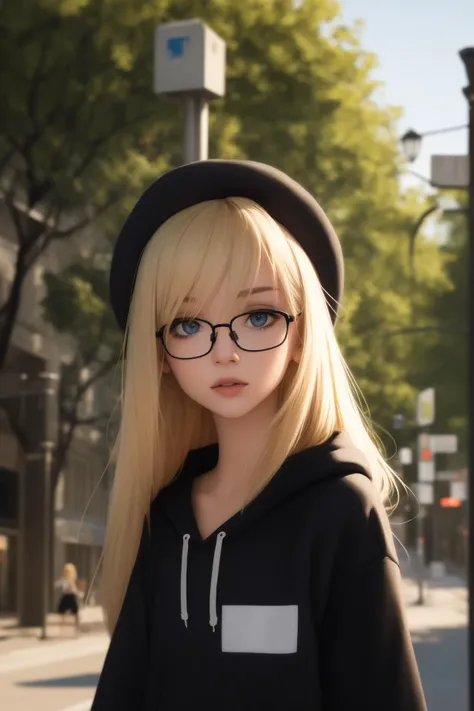best quality, masterpiece, girl, 1girl, blonde hair, long hair, straight hair, bangs, hair between eyes, blue eyes, street, street lamp, upper body, black hoodie, beret, black hat, glasses, black frame glasses, modern glasses