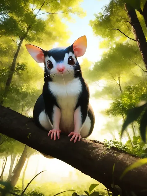 best quality, masterpiece, oil painting a cute sugar glider in a forest gliding from a tree, soft colors, Australian, breathtaking,