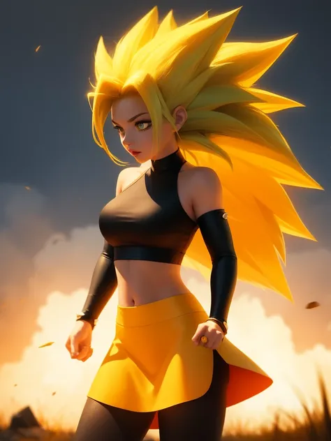 best quality, masterpiece, 1girl, female super saiyan 3, super Saiyan 3 hair, spiked hair, halter top, mini skirt, leggings, long hair, yellow hair, wind blowing upwards, yellow power aura, long hair, green pupils, rubble ground background, broken ground,