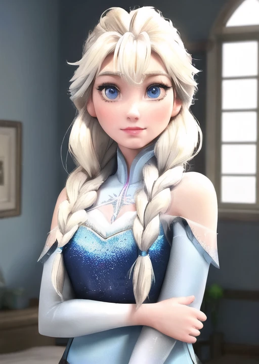 pixar style, CGI_AnimationV2-215, best quality, high resolution, distinct image, ((Princess Elsa from frozen disney)), flat chest, (glow-blue eyes:0.62), she stands in the attic bedroom and behind her is a large triangular window overlooking a small ((medieval city)), her body is slightly turned to the side, winter day, sunlight from the window, she is wearing a summer dress with a blue low and slightly wide hem with geometric embroidery reminiscent of flowers and a black bodice with a gold border at the waist and on the chest and lowered shoulders in light-blue, (big eyes:1.39), (skinny face:0.85), the hair is thick and disheveled and braided in braid, frozen Elsa hairstyle, (all bangs are combed back:1.34), (white-blond hair color:1.35), (she has a sad emotion), Sharp Focus, (Details face), high detail clothing, (Highest Quality, Amazing Details:1.4), Masterpiece, Disney rendering, pixar rendering, HDR, RTX