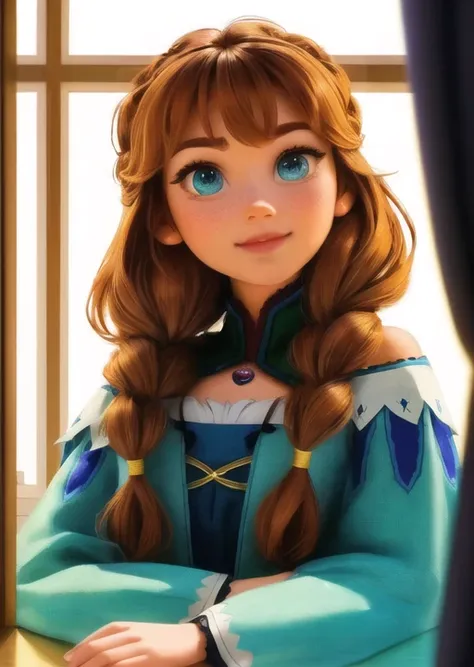 pixar style, CGI_AnimationV2-215, best quality, high resolution, distinct image, ((Princess Anna from frozen disney)), flat chest, she stands in the attic bedroom and behind her is a large triangular window overlooking a small ((medieval city)), summer day, sunlight from the window,  she is wearing a summer dress with a [green] low and slightly wide hem with geometric embroidery reminiscent of flowers and a [black] bodice with a gold border at the waist and on the chest and lowered shoulders in [dark green], (big eyes:1.39), (skinny face:0.85), the hair is thick and disheveled and braided in simple braid, frozen Anna hairstyle, (ginger-brown hair color:1.35), (she has a happy emotion:0.65), ((turquoise eyes:0.85), Details eyes), Sharp Focus, (Details face), high detail clothing, (Highest Quality, Amazing Details:1.4), Masterpiece, Disney rendering, pixar rendering, HDR, RTX