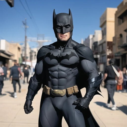 best quality, masterpiece, medium shot photo of Batman in tactical position, middle east street in the background out of focus