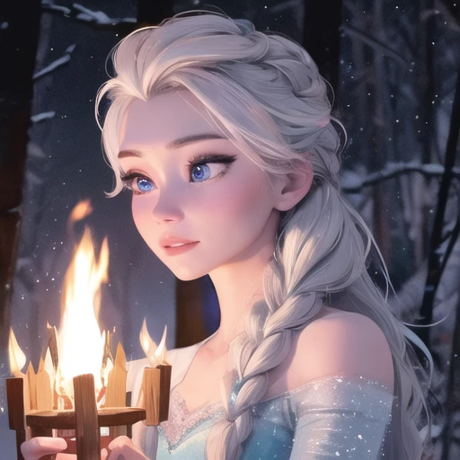 best quality, masterpiece, medium shot photo of Elsa from Frozen warming up with a bonfire, ((very dark)) forest, (detailed face)