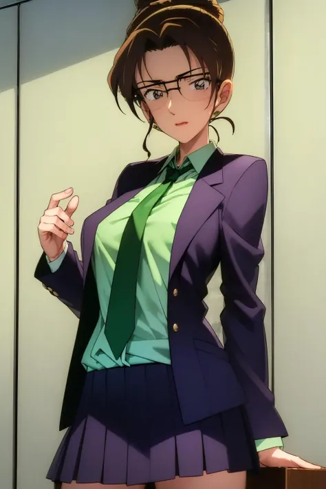 (8k, high_resolution), ((distinct_image)), extremely detailed CG, ((best quality)), (meitantei conan \(style\), detecive conan \(style\), meitantei conan), ((1girl, solo)), (large breasts:1.2), (wide hip), (abs:0.8), (cowboy shot), (short hair), ((school uniform, skirt, whie shirt, bule blazer, blue jacket, green necktie:1.2)), slim, slender, <lora:kisaki-20 (3):1>