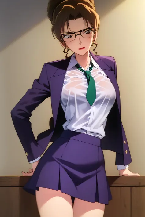(8k, high_resolution), ((distinct_image)), extremely detailed CG, ((best quality)), (meitantei conan \(style\), detecive conan \(style\), meitantei conan), ((1girl, solo)), (large breasts:1.2), (wide hip), (abs:0.8), (cowboy shot), (short hair), ((skirt, whie shirt, bule blazer, blue jacket, green necktie:1.2)), ((white shirt:1.2)), slim, slender, <lora:kisaki-20 (3):1>