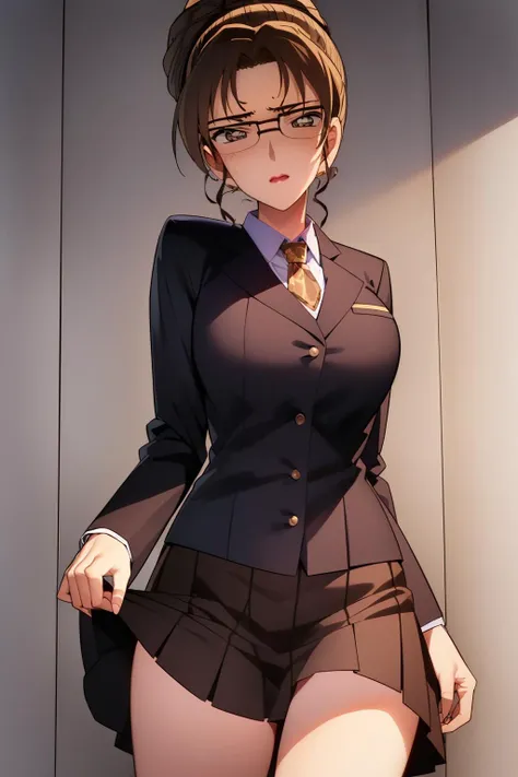 (8k, high_resolution), ((distinct_image)), extremely detailed CG, ((best quality)), (meitantei conan \(style\), detecive conan \(style\), meitantei conan), ((1girl, solo)), (large breasts:1.2), (wide hip), (abs:0.8), (cowboy shot), (short hair), ((school uniform:1.2)), slim, slender, <lora:kisaki-20 (3):1>