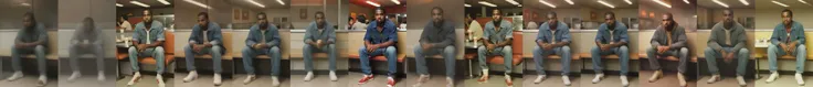 1970S vintage photo, full body shot, 18 years old Kanye West, medium figure, sitting in McDonalds and eating, ...