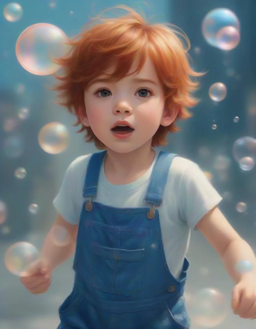 anime artwork a with ginger hair wearing denim overalls chasing bubbles. clean pastel painting,beautiful detailed face,lots of bubbles,photorealistic . anime style,key visual,vibrant,studio anime,highly detailed,