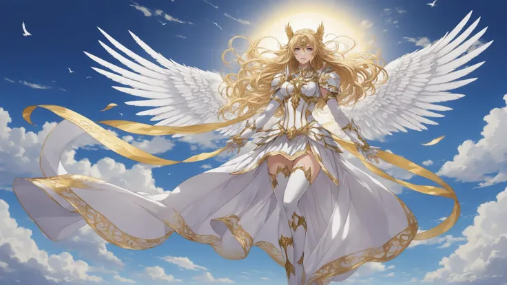 divine (thicc_woman) (perfect_face) long_blonde_hair (detailed_pupils) eyeliner (legs),
golden (virgo_armor) (silk_gown) (plate_boots) [[dark]] (stockings), (feet), (skirt),
(bleach_anime), [[saint_seiya]], hentai,
standing, (full_body),
white [feathers],
(background sky clouds sun halo cross) doves,
detailed_hands,