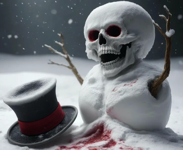 snowman corpse body laying in the snow, blizzard, torn tophat, zombie skull,