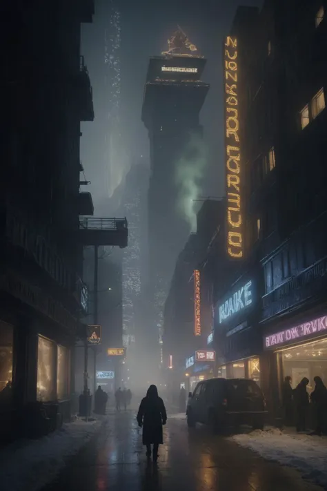 north pole, gingerbread skyscrapers, snow, night, aurora borealis spotlights, 4K, ambient lighting, bladerunner, smog, blizzard, star <lora:bldr:0.5> bldr, futuristic Photograph of a blade runner north pole, christmas, cyberpunk, low contrast, neon, volumetric smoke, gold, drawn by artgerm , 4k, Moody Light Copy