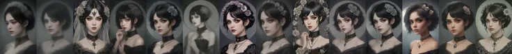 (masterpiece, top quality, best quality, official art, detailed:1.2), <lora:irisW3:0.8>, irisW3, 1girl, solo, short hair, black hair, grey eyes, upper body, flower, hair flower, petals, makeup, chain, moon, veil, classic goth, gothic, victorian dark,
