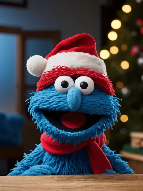 sesame street, blue monster, close-up portrait photo, cinematic scene, rim lighting, front camera view, symmetric view, ultra realistic, christmas, wearing santa hat