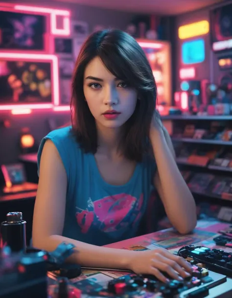 tilt-shift photo of Create a realistic depiction of an 80s-inspired bedroom scene featuring a young gamer girl with Frank Cho and Charlie Bowater art style influences, the room should be filled with neon colors and band posters, while the computer screen emits soft light on her face as she plays retro games at night, her alluring appearance includes upturned nose, delicate jawline, captivating blue eyes, pouty full lips adorned in pink lipstick, skinny figure, . selective focus, miniature effect, blurred background, highly detailed, vibrant, perspective control,