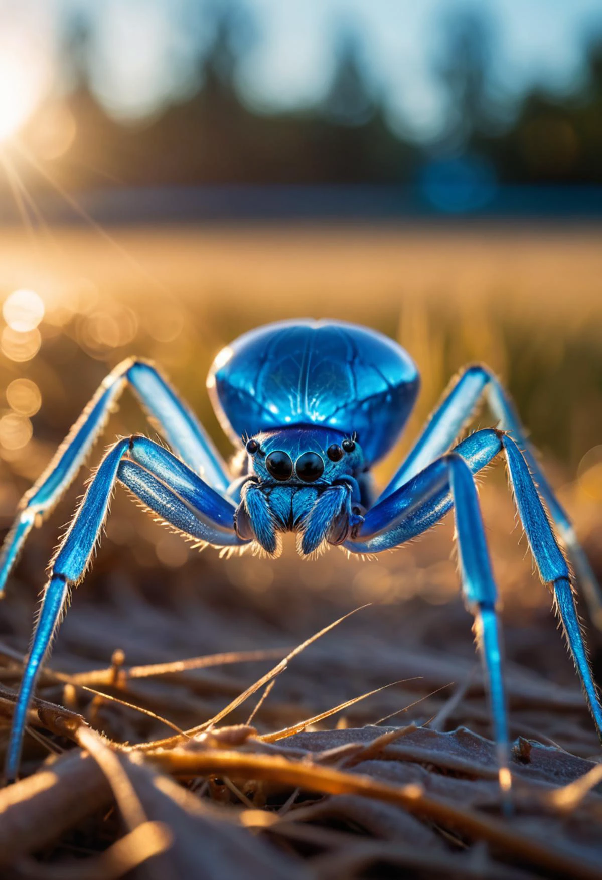 cinematic film still A massive translucent iridescent-blue crystalline spider, extreme close-up, focus head, bokeh, bathed in warm golden rays during dusk hours, standing on the ground casting long sinuous shadows, rim lighting, . shallow depth of field, vignette, highly detailed, high budget, bokeh, cinemascope, moody, epic, gorgeous, film grain, grainy