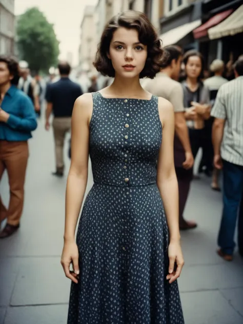 analog film photo cute woman in a dress, standing in a crowded street , film grain . faded film, desaturated, 35mm photo, grainy, vignette, vintage, Kodachrome, Lomography, stained, highly detailed, found footage