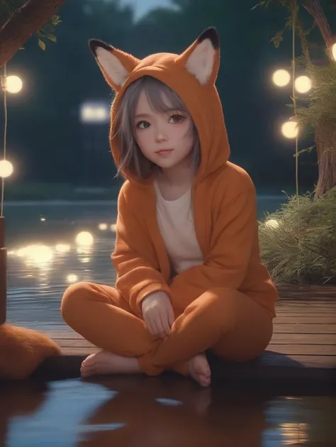 8K, sharp focus, Natural volumetric lights, soft lighting, fox_onesie, fuzzy_onesie, hood, fox_kigurumi, smiling, looking_at_viewer, symmetric_eyes, detailed_eyes, garden, sitting, feet in water, porch, backyard, string_lights in trees, night, fireflies, evening , fullbody, anime