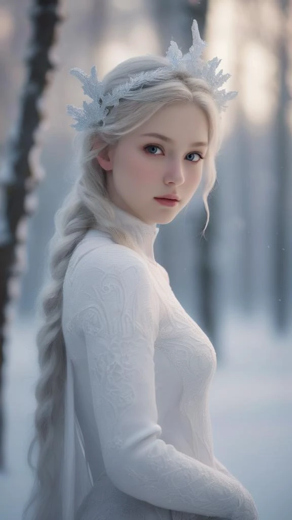 Within the enchanted embrace of a wintry forest, a remarkably realistic snow sculpture emergesâa stunningly beautiful naked 18-year-old girl, captured in immaculate detail. The icy medium skillfully molds her ethereal form, mirroring the grace and elegance of youth frozen in time. Adorned with features delicately sculpted, she stands amidst the enchanting landscape, her snow-formed eyes gleaming with a mystical allure. The forest, a backdrop of snow-laden trees and shimmering ice, echoes the sculpted girl's ethereal charm, creating a scene where artistry merges with the enchantment of nature's wintry embrace.
