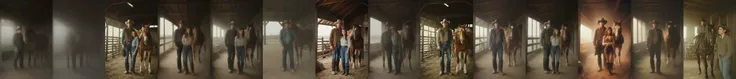 best quality, (photo realistic:1.1), (film grain:1.2), masterpiece, intricate details, atmospheric, trending on artstation, 8k, Color film photograph, 1990s, analog photography, Kodak portra 160, retro vintage, a cowboy girl and her husband in a barn, horse by their side