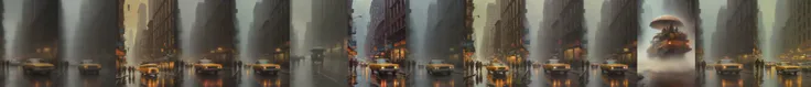 rain on new york in the 70s, highly detailed oil painting, unreal 5 render, rhads, bruce pennington, tim hildebrandt, digital art, octane render, beautiful composition, trending on artstation, award - winning photograph, masterpiece,