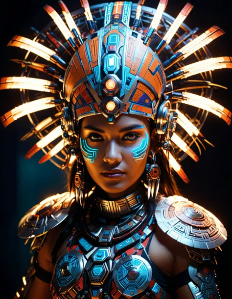 cybernetic style tribal style, extremely beautiful Aztec woman, rembrandt lighting, futuristic scifi style, cowboy shot, against a dark background, alien world in the background, indigenous, ethnic, traditional patterns, bold, natural colors, highly detailed, . futuristic, technological, cybernetic enhancements, robotics, artificial intelligence themes