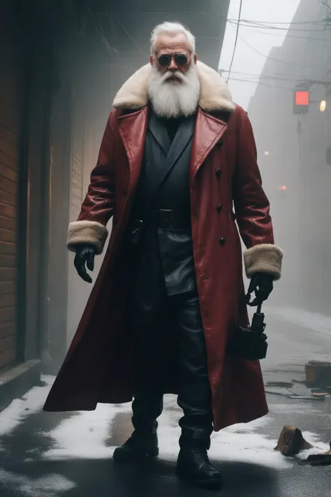 santa claus, leather trench coat with fur collar, shotgun, dense fog, cyberpunk