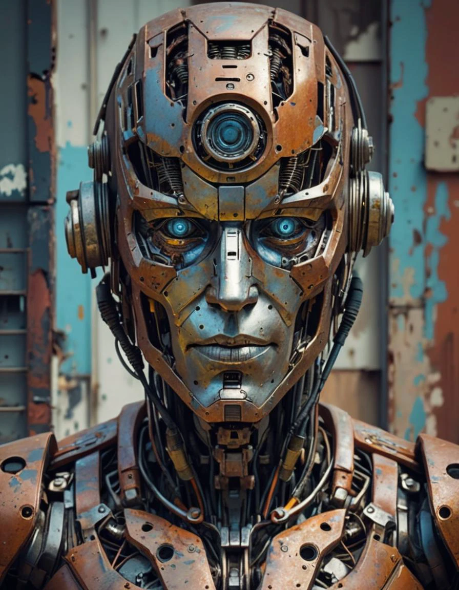 grunge style The intricate design of a man in a cyborg robot captivates attention, its metallic exterior gleams in the harsh light, rust and scratches, only one eye undamaged, a faintly glowing orb that seems to hold a charge even after all these years, half of its face is obscured by damaged circuitry and exposed wiring hinting at a past tragedy, despite its apparent malfunction the robot stands tall and proudâa testament to survival against all odds, style of Guweiz and Stephan Martiniere, . textured, distressed, vintage, edgy, punk rock vibe, dirty, noisy