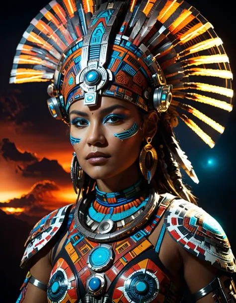 sci-fi style tribal style, extremely beautiful Aztec woman, rembrandt lighting, futuristic scifi style, cowboy shot, against a dark background, alien world in the background, indigenous, ethnic, traditional patterns, bold, natural colors, highly detailed, . futuristic, technological, alien worlds, space themes, advanced civilizations