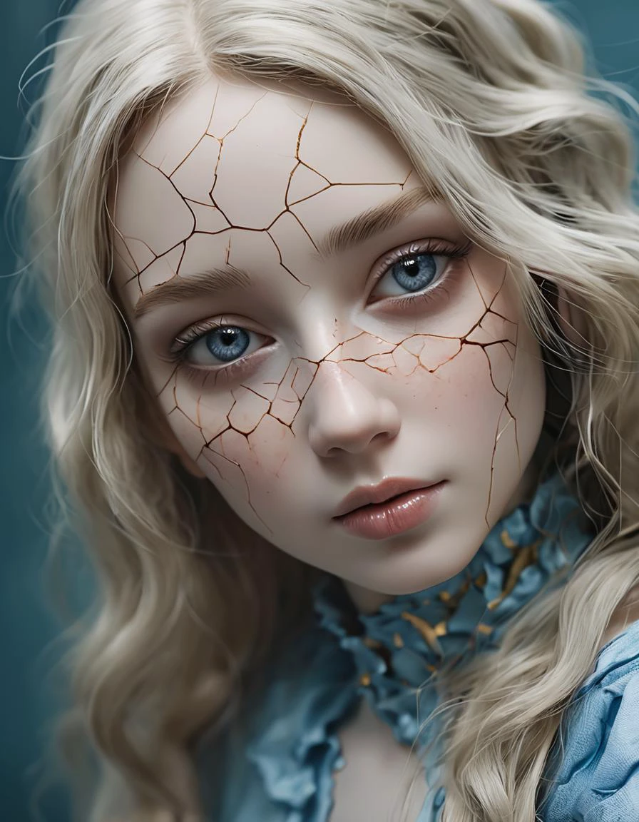 surrealist art a beautiful female doll with porcelain kintsugi skin, cracked skin, shattered porcelain skin, deep fine cracks, kintsugi, perfect clear realistic grey-blue eyes, soft focus, close-up, uncanny, long white natural hair, stunning perfect shining eyes, shy smile, serene curiosity, smiling eyes, amazing depth, expansive details, against a dark gradient background, style of Agnes Cecile and Anna Dittmann, embedding:SimplePositiveXLv2, . dreamlike, mysterious, provocative, symbolic, intricate, detailed,