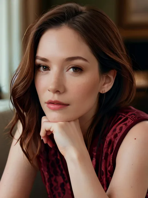 (masterpiece, best quality), intricate details, ultra high resolution, true skin texture, original photo, highly realistic,
1girl, portrait,
(Chyler Leigh:Emily Rudd), beautiful girl, 18yo, long wavy (burgundy hair:1.4), bangs over eyes, freckles, sitting on couch, leaning in towards camera, modern living room, lamp, (books:0.2), grand piano, plant, warm colors, thick dark lashes, a gentle hint of smile that warms a room, plunging neckline, elegant, sophisticated, wealthy, jade almond shaped eyes, pear shaped face, lustful expression, pearl earrings, sheer lace, clavicle,
<lora:perfect hands 2:1>