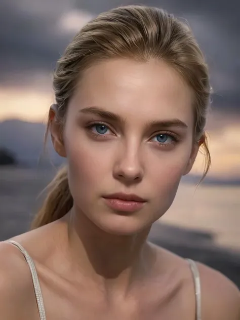 ((( nude ))),  grace kelly, face closeup, on a beach, in the sunset, cloudy sky, natural lighting, (masterpiece, best quality), intricate details, realistic, photorealistic,  flawless structure, masterpiece, (portrait), natural skin, (long hair), oiled skin, subsurface scattering, shot with cinematic camera, soft lighting, high quality, best quality, masterpiece, best picture, sexy, lovely, stunning