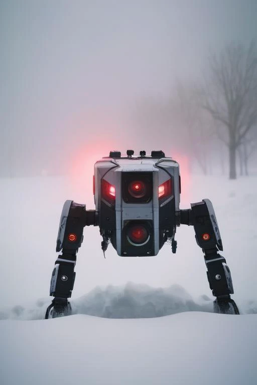 ominous robotic red laser eyes piercing through deep dense fog, blizzard, snow,