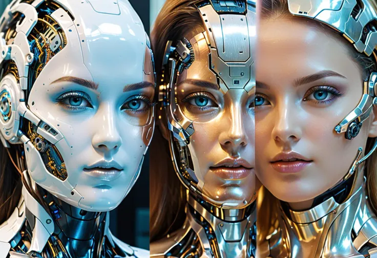 cybernetic style In a world where technology and humanity intertwine, a split-screen image showcases the dichotomy between two beings. On one side, a normal human face stares back with curious eyes, its natural skin smooth and unmarred by machinery. On the other, a cybernetic robot gaze fixed ahead, its metallic visage bearing signs of wear and tear yet still functioning flawlessly. Both entities share equal space on the screen, their existence dependent upon each other for survival. The background blurs into a hazy mix of digital and organic elements, emphasizing the symbiotic relationship between man and machine. Rendered in hyper-detailed ultra-realism with vibrant colors and contrast. . futuristic, technological, cybernetic enhancements, robotics, artificial intelligence themes