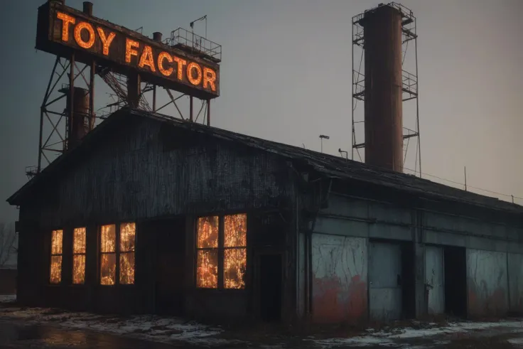 exterior of an abandoned toy factory, rusted, smog, depressing, cold <lora:bldr:0.3> bldr, 4k, candy cane neon light