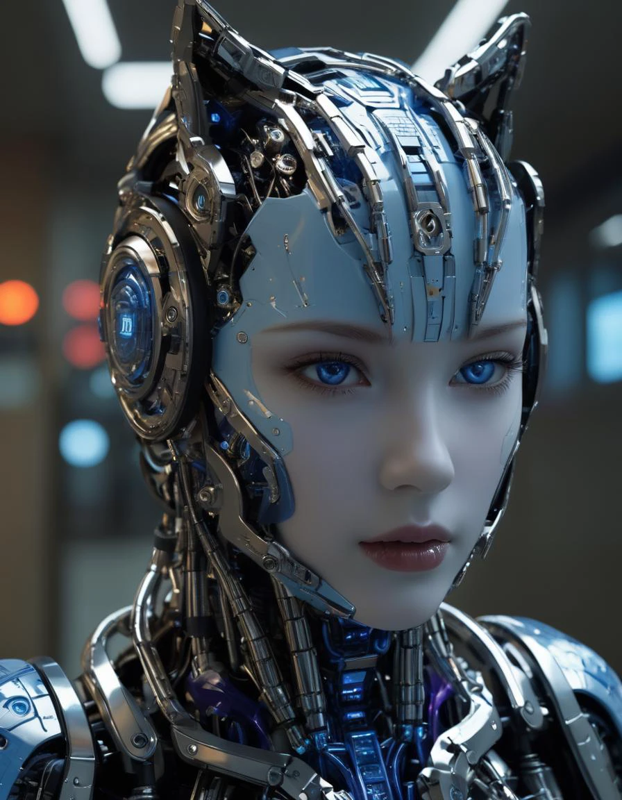 cybernetic robot Breathtaking portrait featuring a stunning porcelain android, 6 , sharp focus on eyes, Their profiles are captured in exquisite detail, revealing intricate cybernetic implants and robotic components beneath their flawless skin, an undeniable grace and elegance that sets them apart from mere machines, Soft light bathes them in a warm glow, rim lighting, vibrant hues of blue and green and purple dance across their frames, blue eyes reflecting off the countless microchips embedded within their structures, capturing not just the cold efficiency of artificial intelligence but also its potential for beauty and artistry, style reminiscent of Edward Blair Wilkins, . android, AI, machine, metal, wires, tech, futuristic, highly detailed,