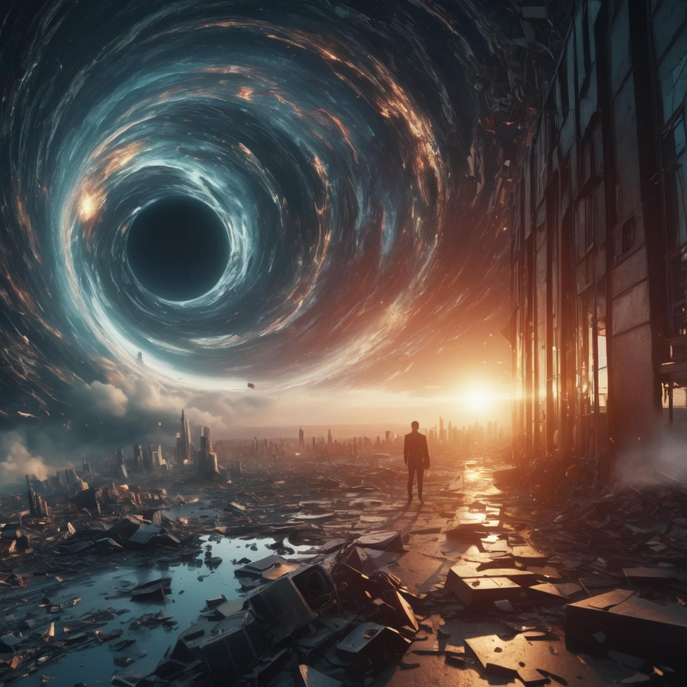 cinematic still of random reality distortion and other dimensions colliding and blending together, chaos, wide angle shot, ultra HD 8k., Cinematic, Color Grading, Dramatic