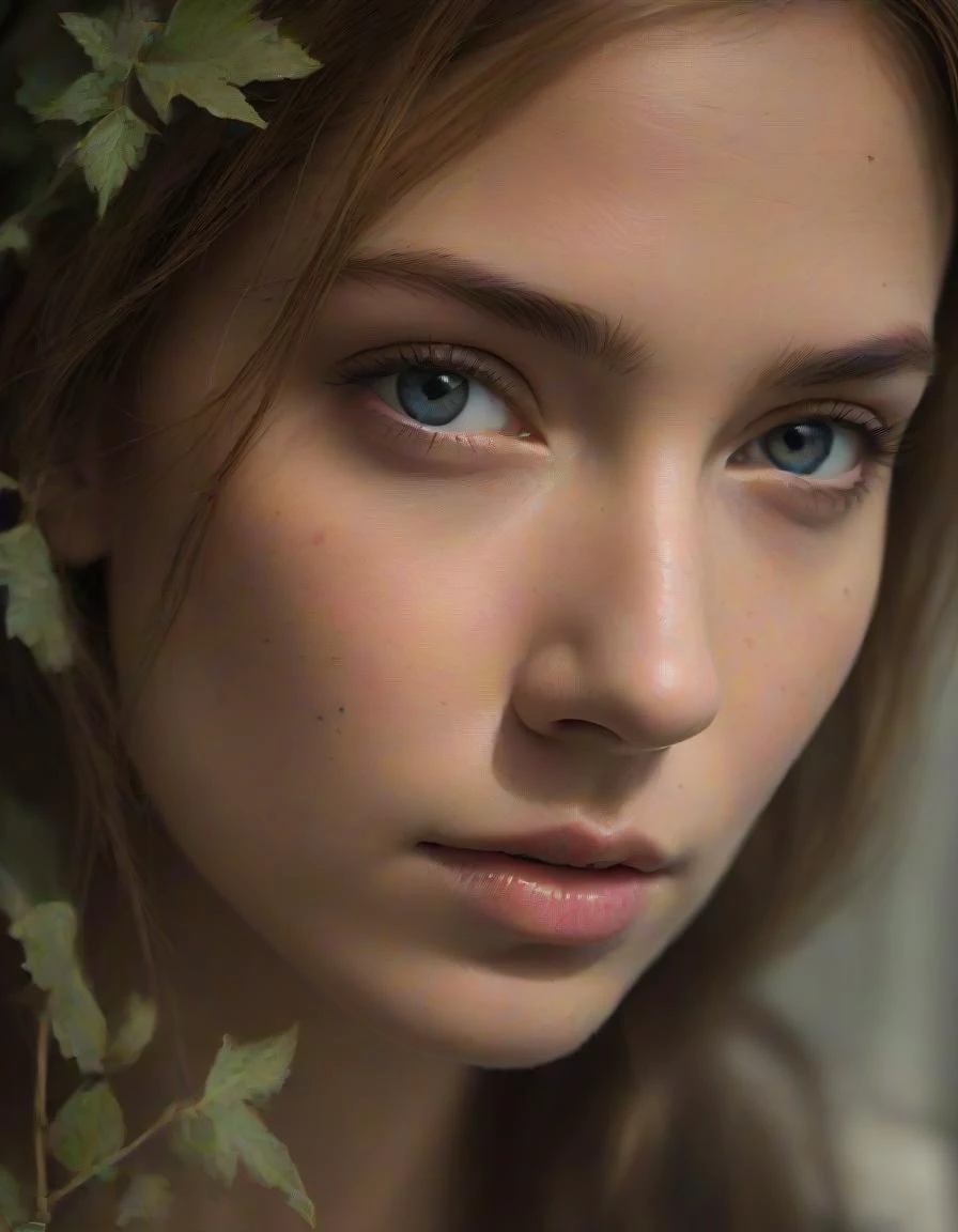 HDR photo of portrait of a unique breathtaking and beautiful woman face close-up, stunning detail, hyper detailed eyes, detailed skin with a flawless texture delicate and refined, smooth hair elegantly draped around her neck, subtle freckles on her nose, fullness of her lips, covered with leafs, captured in masterful composition, lighting accentuate her natural beauty, gentle shadows and highlights, incredible skill and attention to detail, nuance and detail, supersharp focus, Carne Griffiths, Conrad Roset, annie leibovitz, hyperdetailed, soft light, sharp, Hasselblad masterclass, . High dynamic range, vivid, rich details, clear shadows and highlights, realistic, intense, enhanced contrast, highly detailed